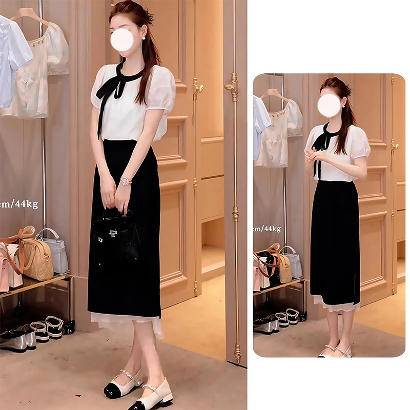 2025夏季新款蝴蝶结系带设计感衬衫短袖百搭精致显瘦半身裙两件套