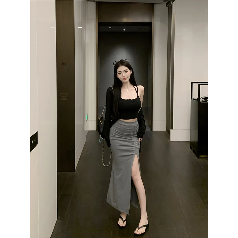 高级感纯欲风性感辣妹套装女夏季防晒开衫小吊带开衩半裙三件套裙