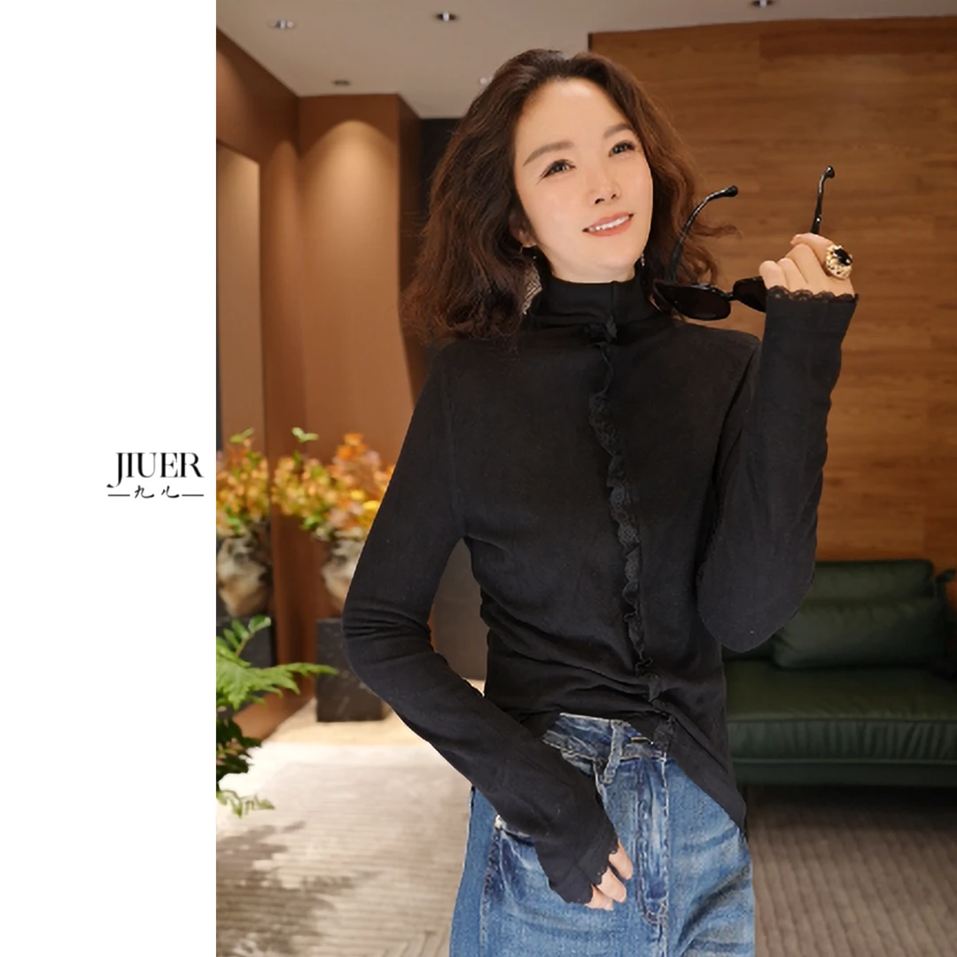JIUER欧洲站木耳领半高领德绒小衫 气质长袖轻奢时尚3226
