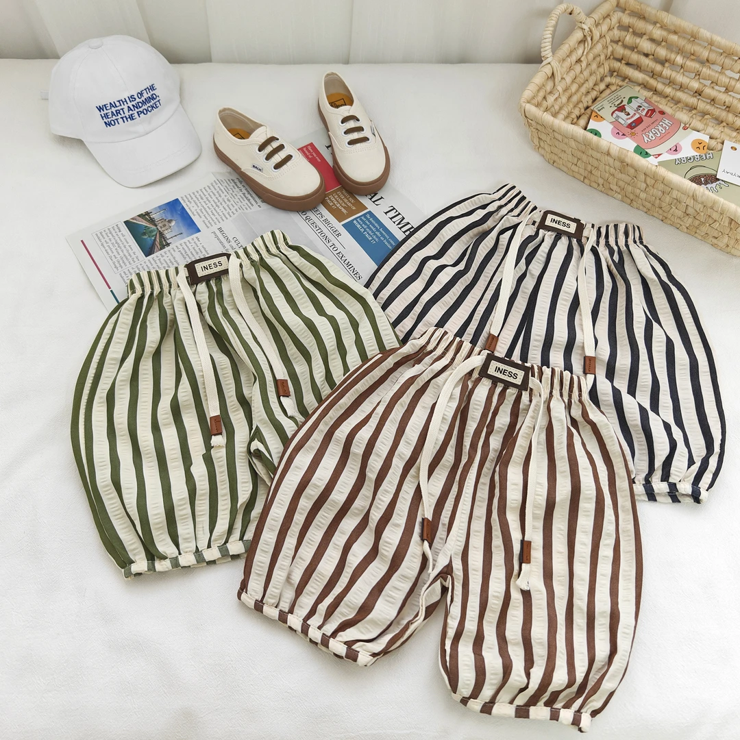 夏季儿童新款百搭宽松松紧洋气条纹透气薄款男女宝宝七分束腿裤潮