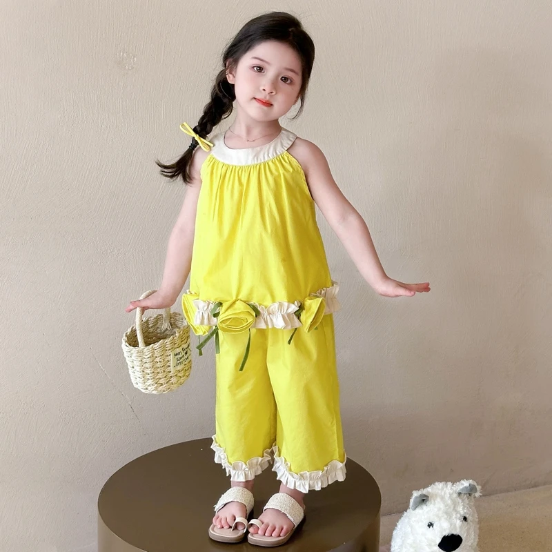 女童夏季背心套装2025新款儿童吊带阔腿裤两件套宝宝炸街露肩衣服