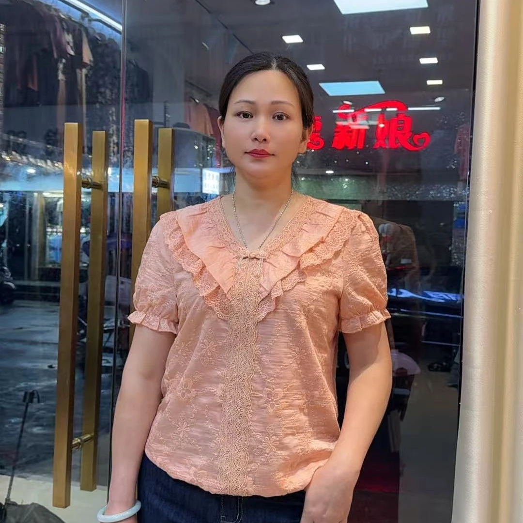 夏季新款时尚百搭显瘦花边蝴蝶结V领短袖女士上衣