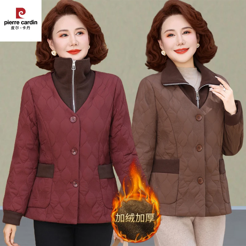 皮尔卡丹妈妈冬季加绒加厚棉衣外套时尚洋气宽松棉服中老年人女装