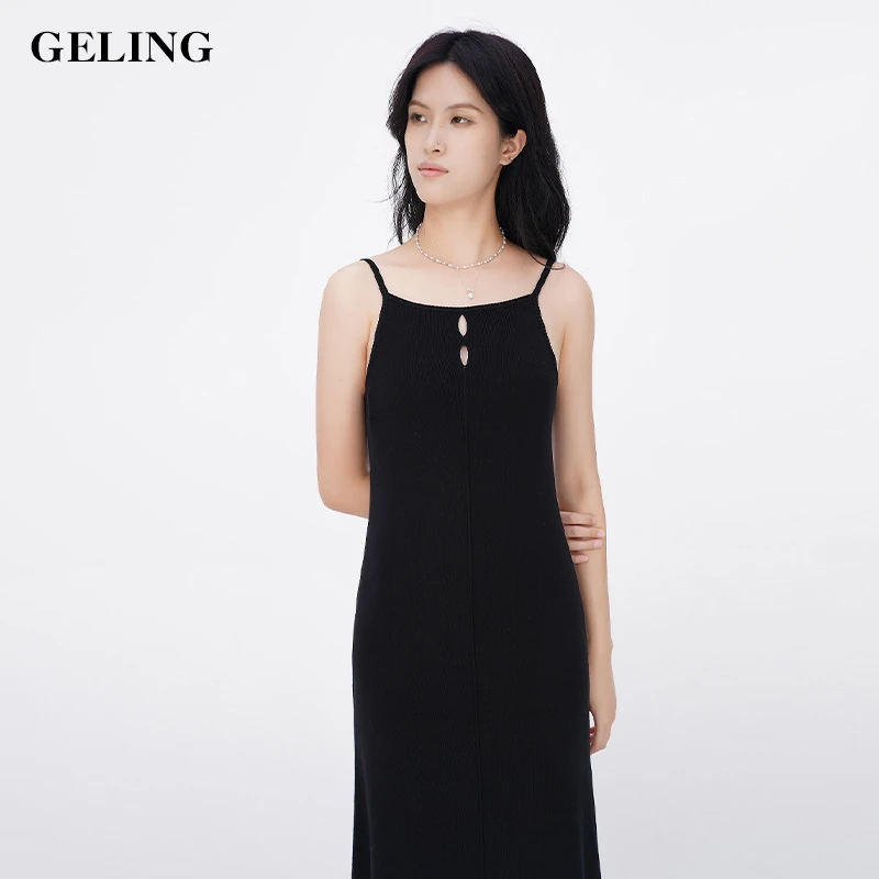 GELING/歌&玲2025夏季莱赛尔吊带裙黑色修身针织连衣裙G511W06