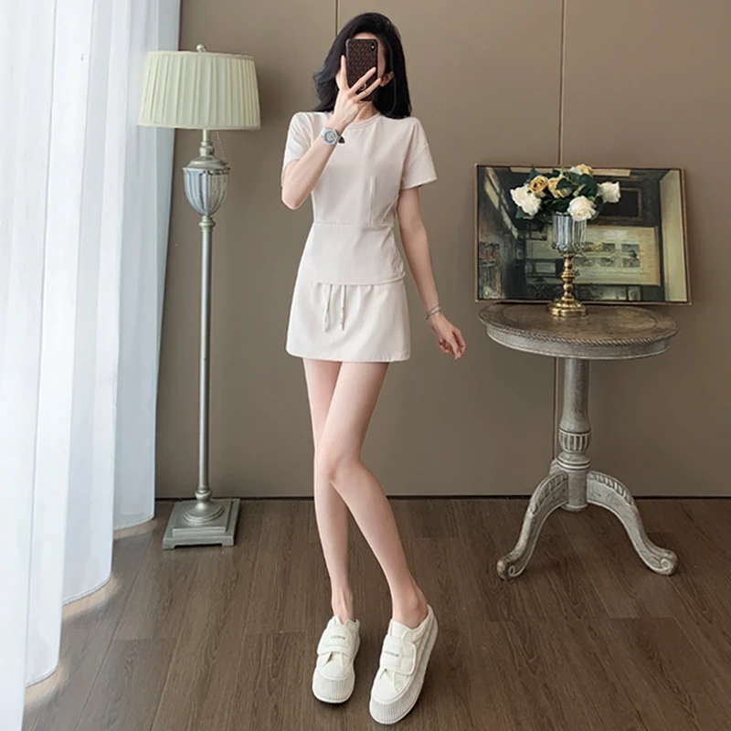 气质小众时尚运动套装女夏季新款纯色圆领短袖上衣抽绳短裤两件套