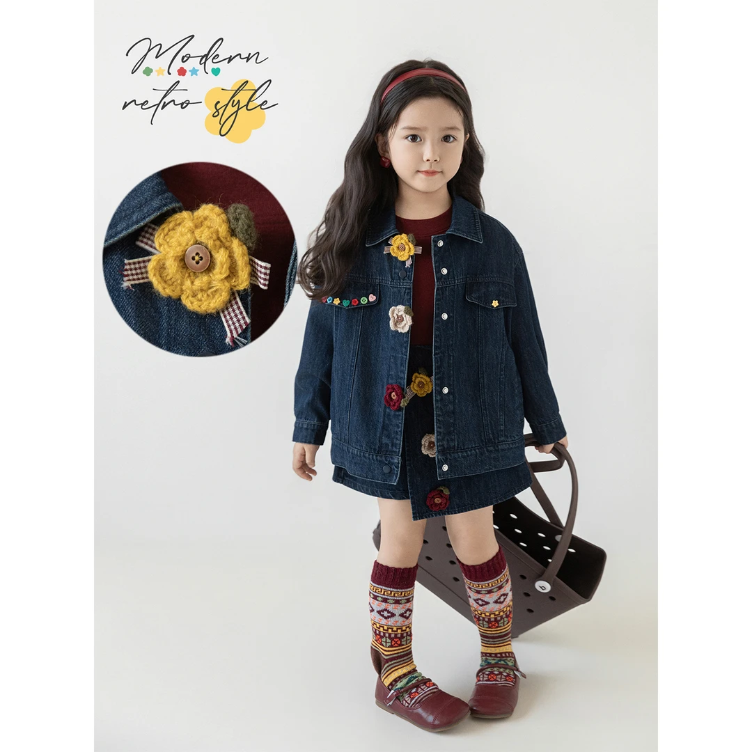 幼悠女童秋装花朵牛仔外套裙套装可爱超萌儿童衣服CD1638 CD1959