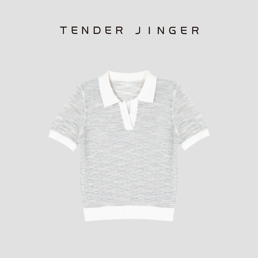 Tender Jinger【疯狂星期三】撞色polo领亚麻针织短袖T52BBS30898