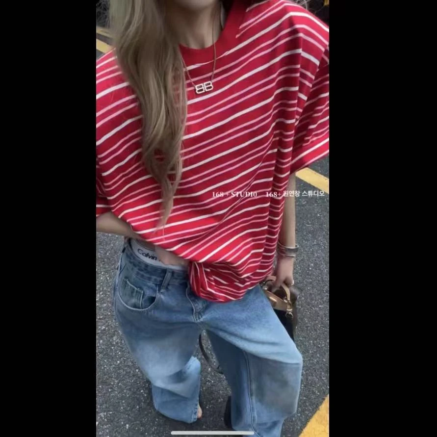 春季新款【红白条纹垫肩半袖】半袖宽松遮屁屁垫肩T恤半袖