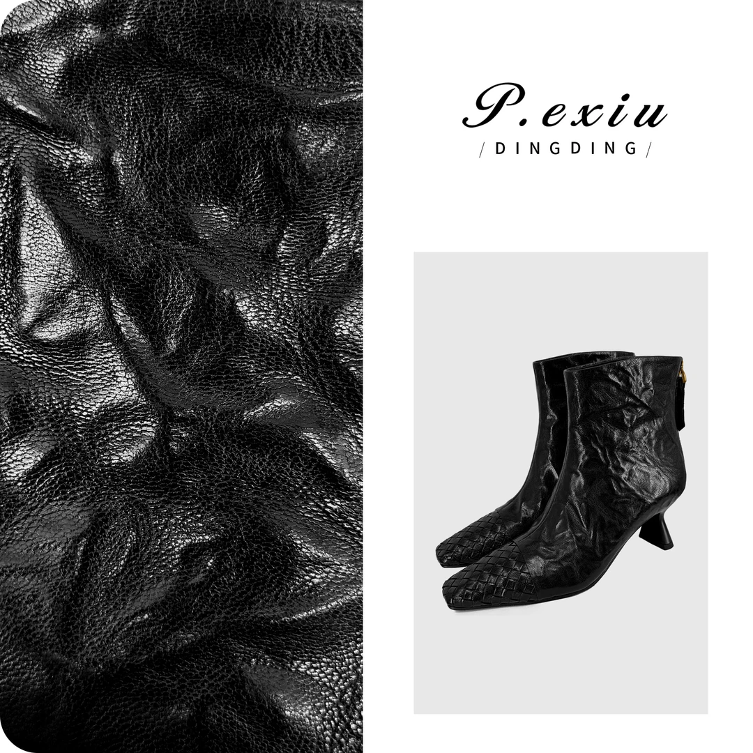 小牛皮方头手工编织拼接后拉链靴瘦瘦靴 TB25002