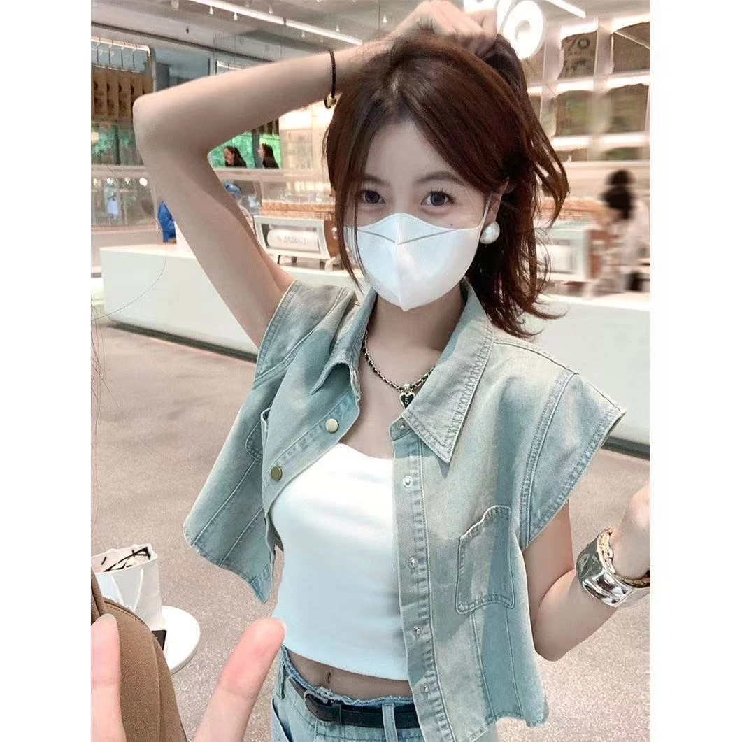 爆款港风复古牛仔短款袖衬衫女设计感小衫小飞袖衬衣无袖上衣夏季