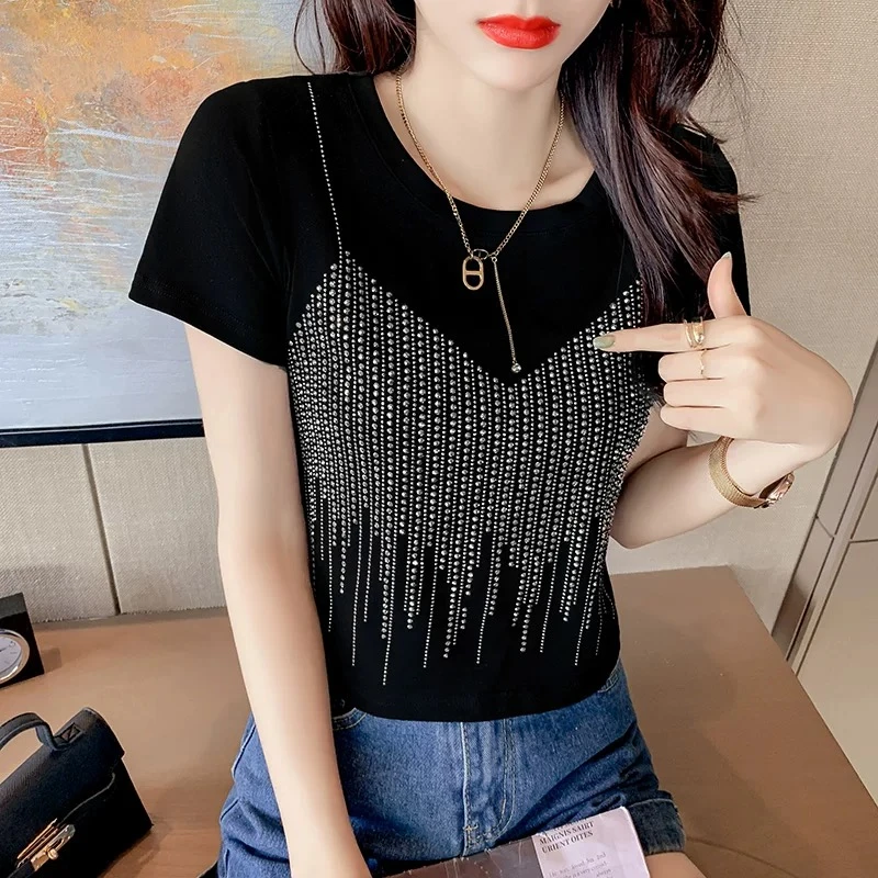5817恤短袖时尚烫钻圆领洋气轻职风修身宽松型气质小众短款夏季