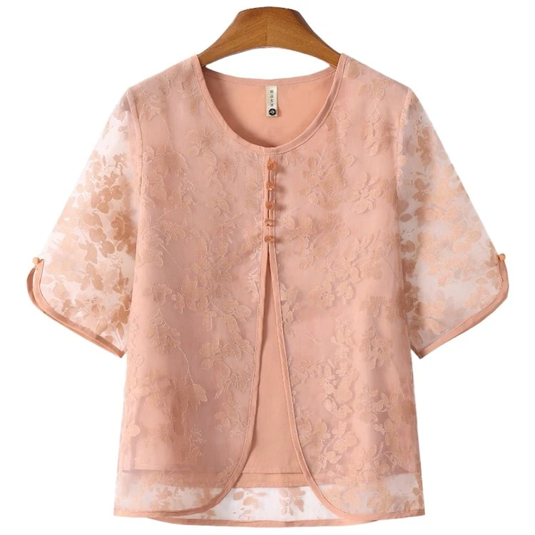 中年妈妈夏装短袖假两件衬衫2025新款洋气新中式国风夏