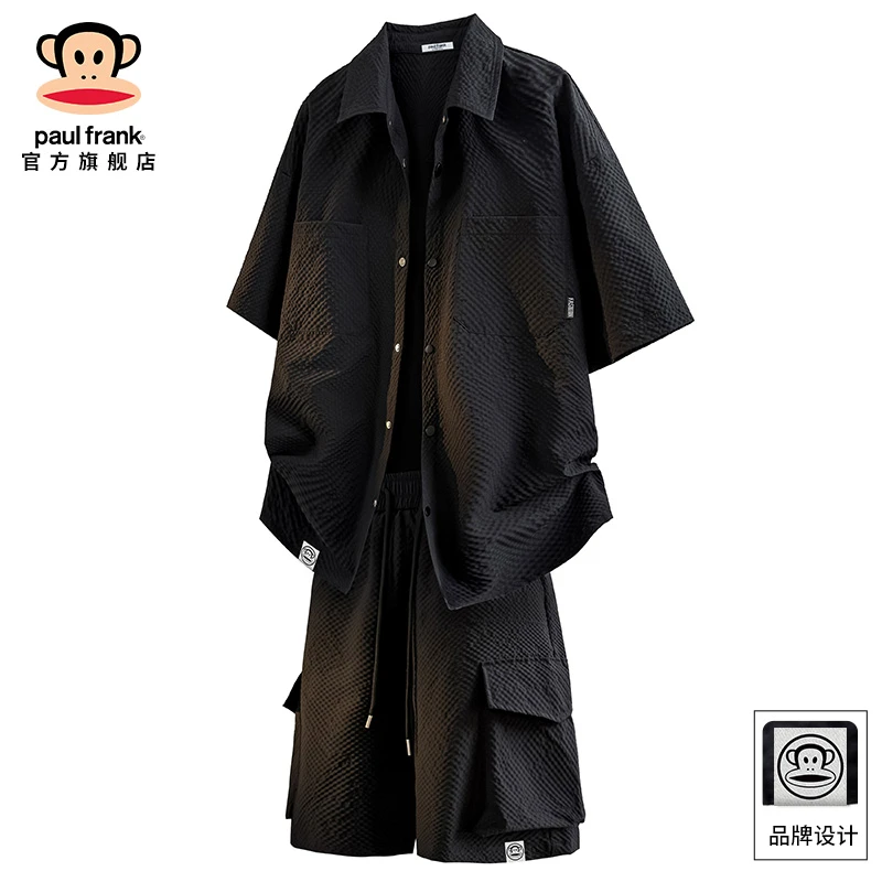 PaulFrank/大嘴猴冰丝休闲运动套装男夏季潮流工装衬衫短裤两件套