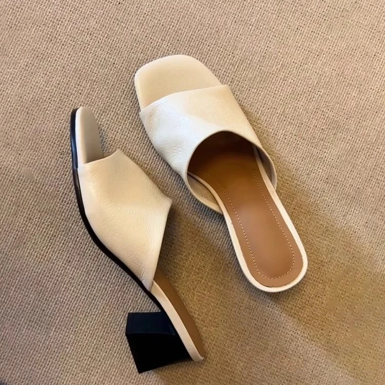 羊皮版~夏季巨软显白真皮凉鞋粗高跟一字带度假风外穿新款拖鞋女