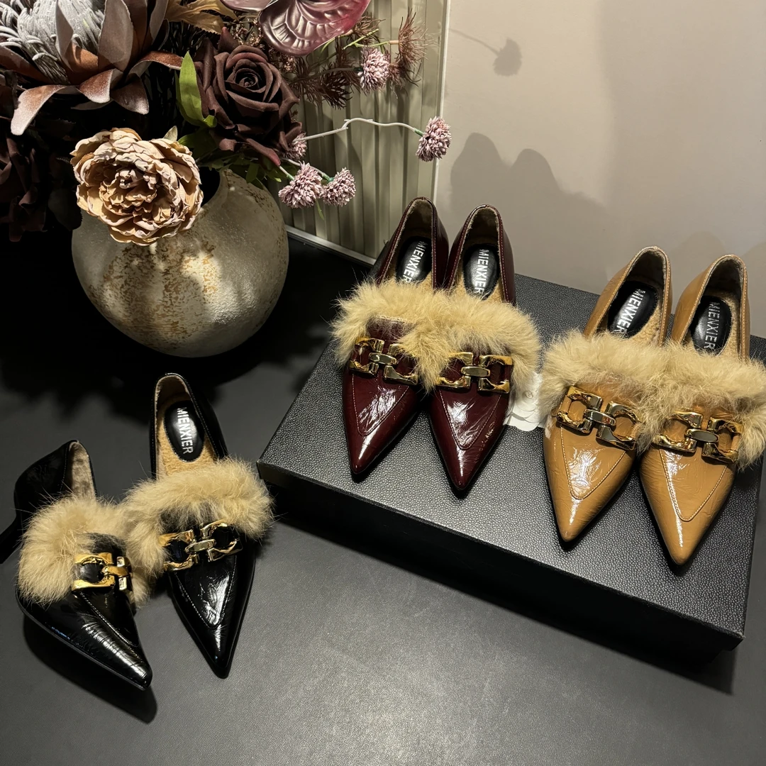 【现现】冬季新款气质兔毛百搭法式浅口女网红尖头爆款浅口女高跟鞋