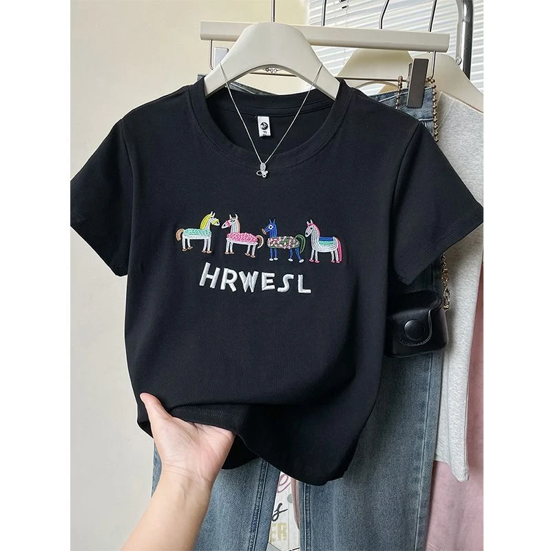 黑色t恤女2025新款短袖ins夏季设计感卡通刺绣美式酷辣修身小