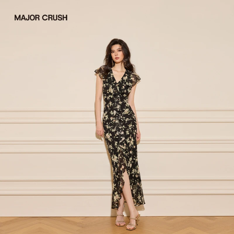 MAJOR CRUSH法式枝雨海棠碎花连衣裙气质时尚高质感穿搭长裙7384