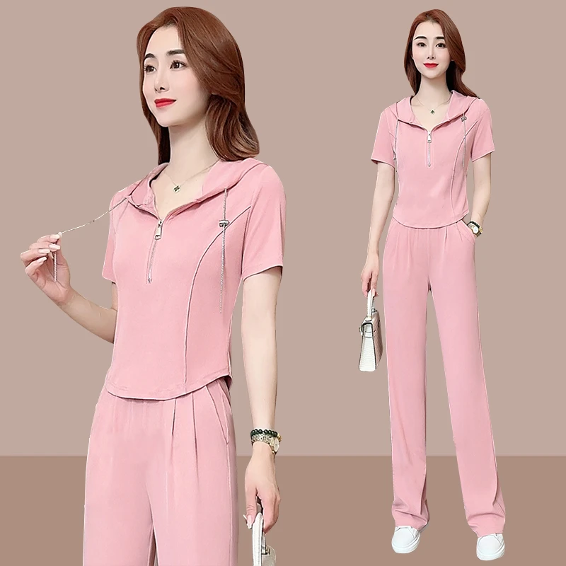 2025夏季新款短袖运动套装女款爆款洋气宽松直筒裤休闲时尚两件套