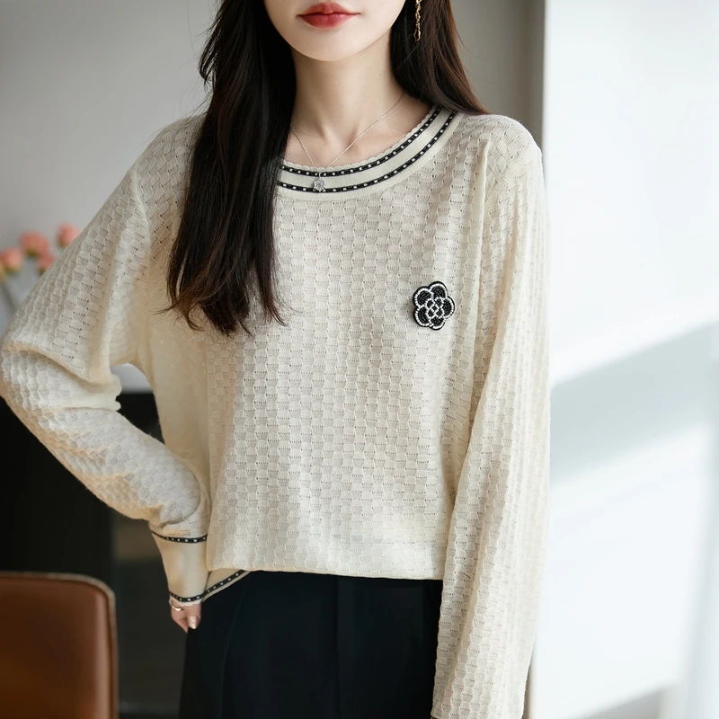 针织新款山茶花气质套头内搭毛衣小衫软糯打底休闲圆领上衣女时尚