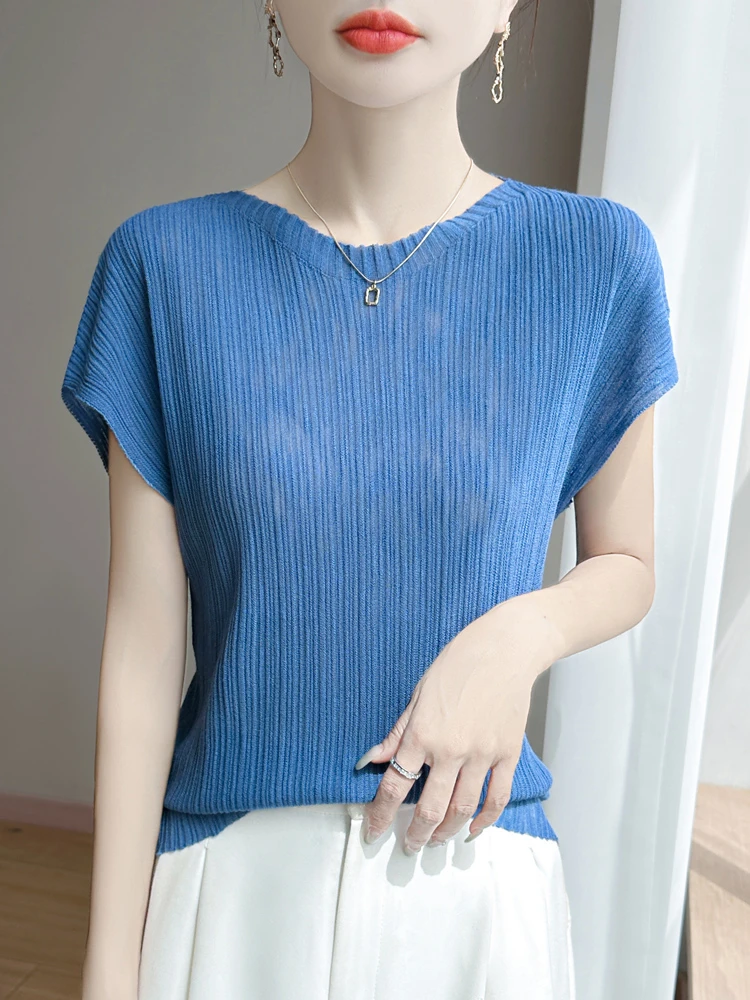 【裸感】气质圆领绞花纹理短袖纯色v领新复古风