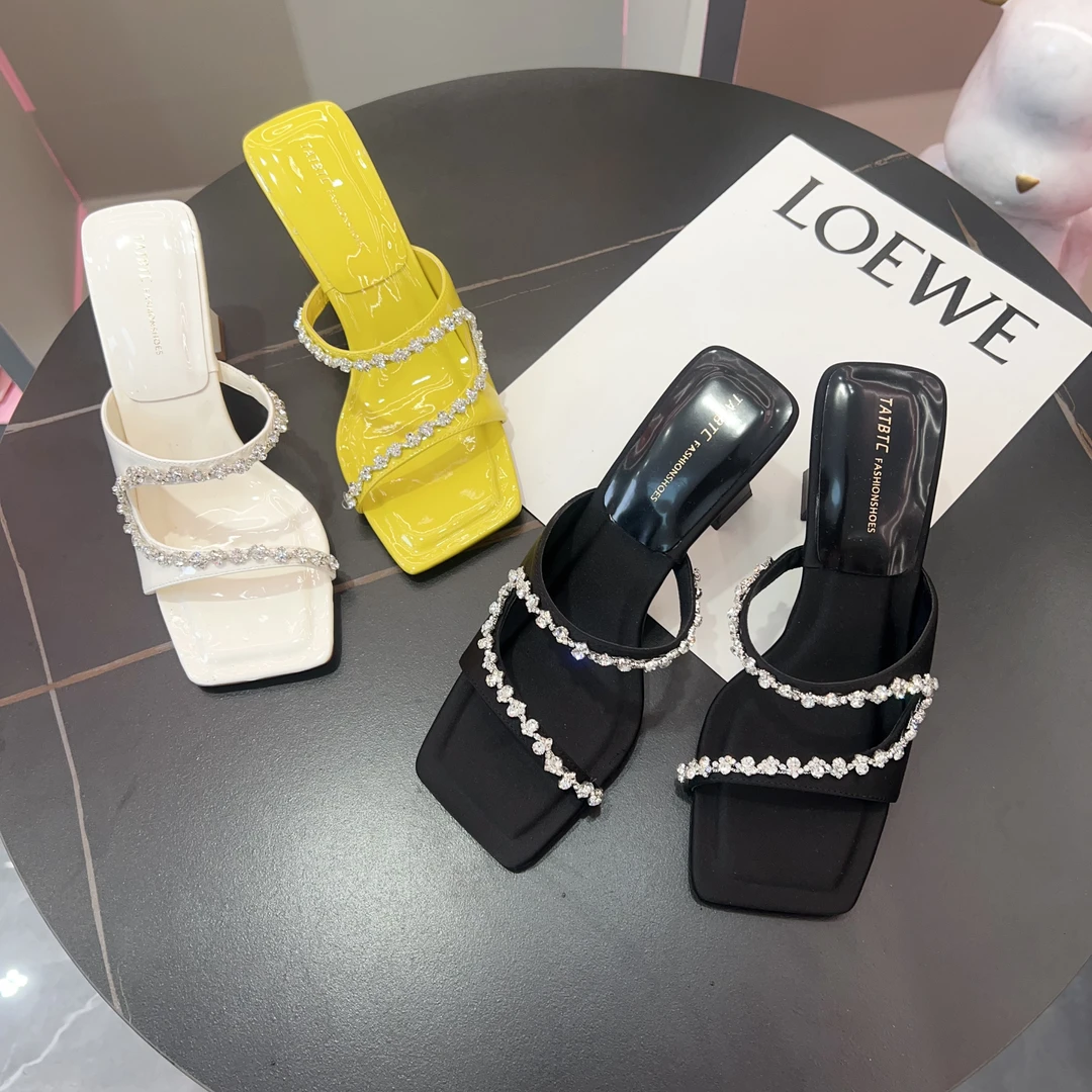 2025夏季新款时尚方头水钻细跟女凉鞋气质百搭软底拖鞋0175386