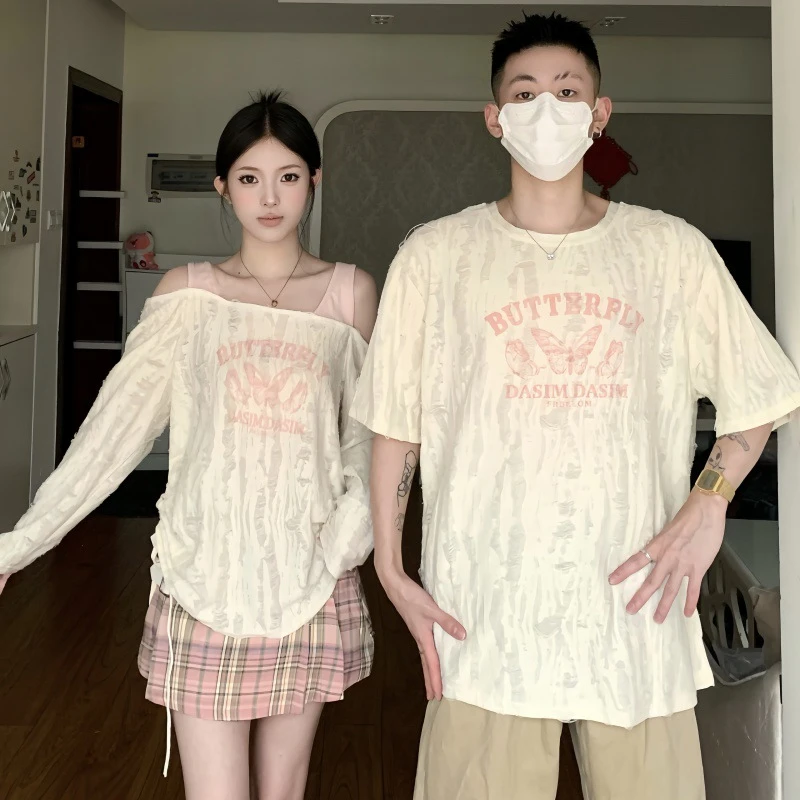 气场强大高级感男装男女破洞百搭上衣夏季薄款 T恤女假两件宽松印