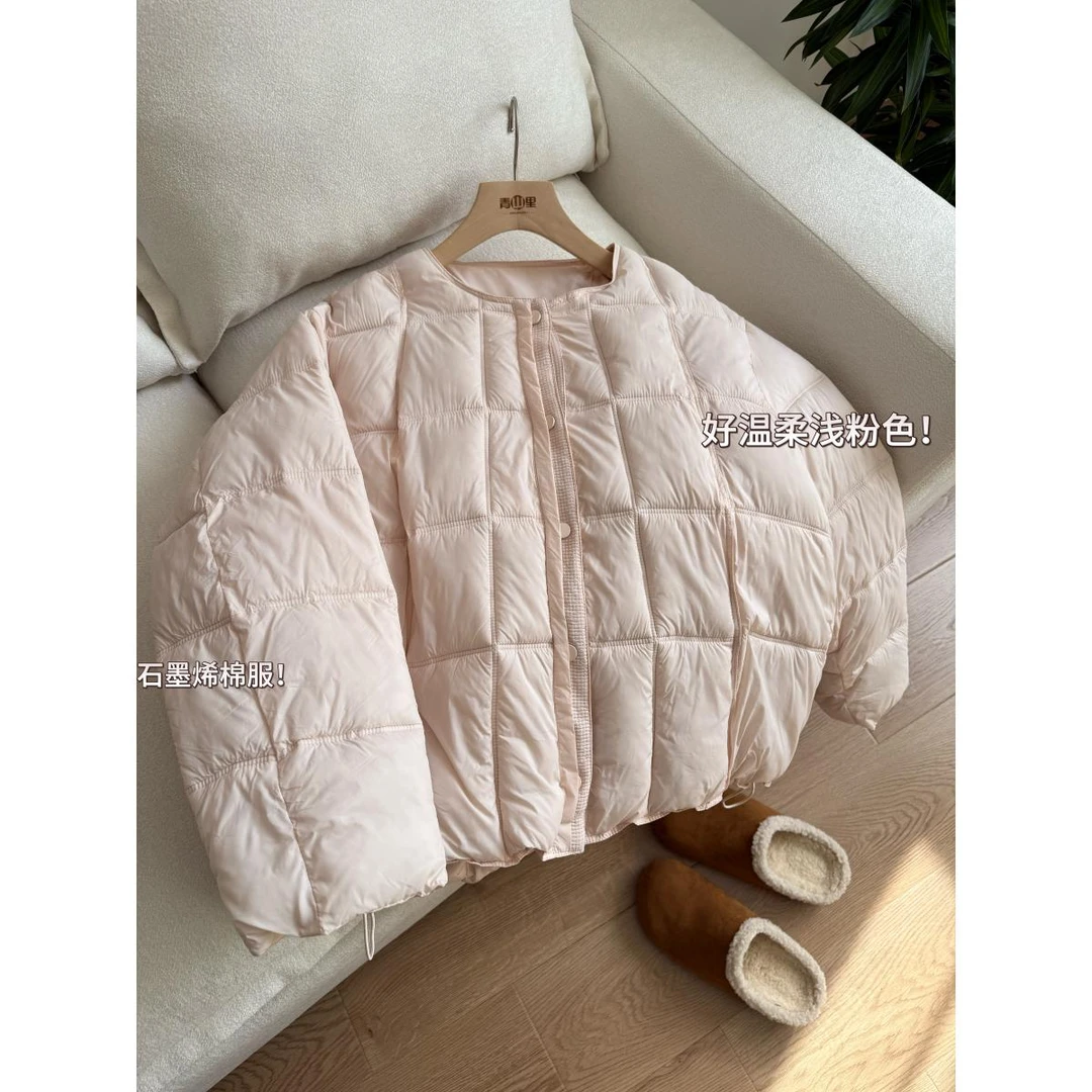 P0820-“方块棉服”25年冬季韩版圆领短款方格面包服宽松保暖外套