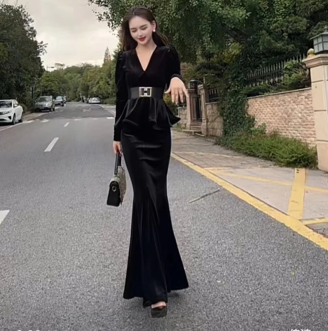 金丝绒轻奢套装裙秋冬新款高端精致收腰显瘦气质包臀鱼尾裙8992#