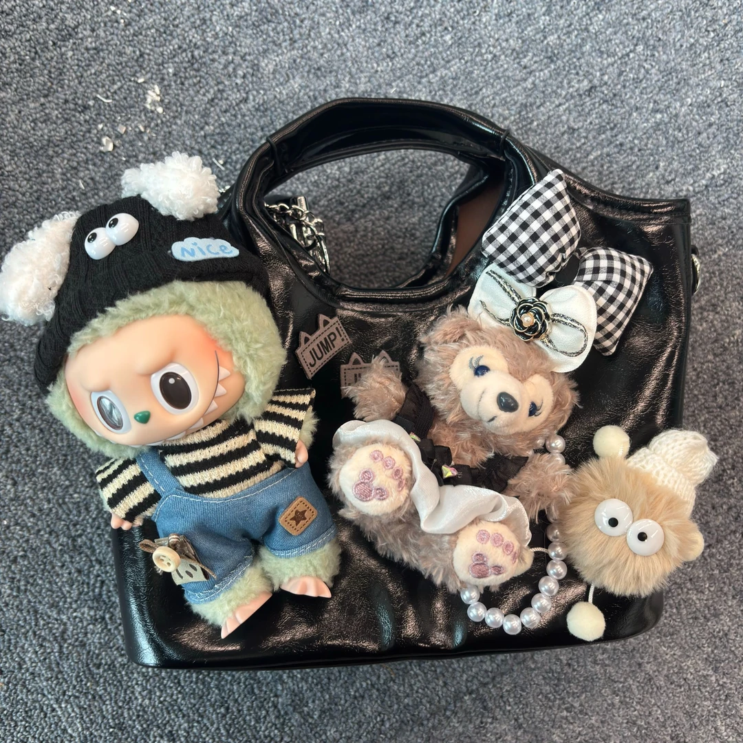 设计师定制毛绒娃包潮玩时尚百搭包包 labubu黑色手提包