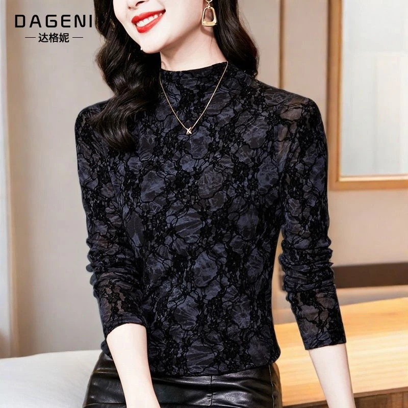 高级感植绒网纱小衫女长袖2025秋季新款半高领妈妈打底衫蕾丝上衣