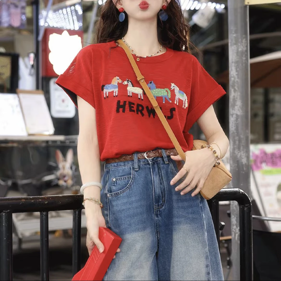 【小马驹】夏季新款港风复古短袖针织衫女气质宽松百搭时尚休闲上衣