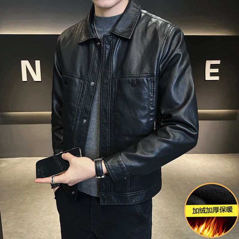 PinkAvril男皮衣外套秋冬季加绒衣服男款痞帅潮牌加厚机车皮夹克