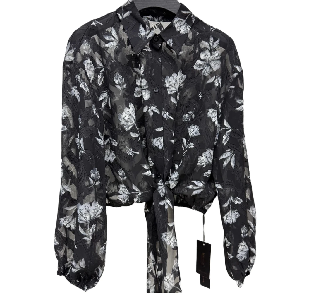 【斐格利亚】25年夏黑白花衬衣系带衬衣披肩