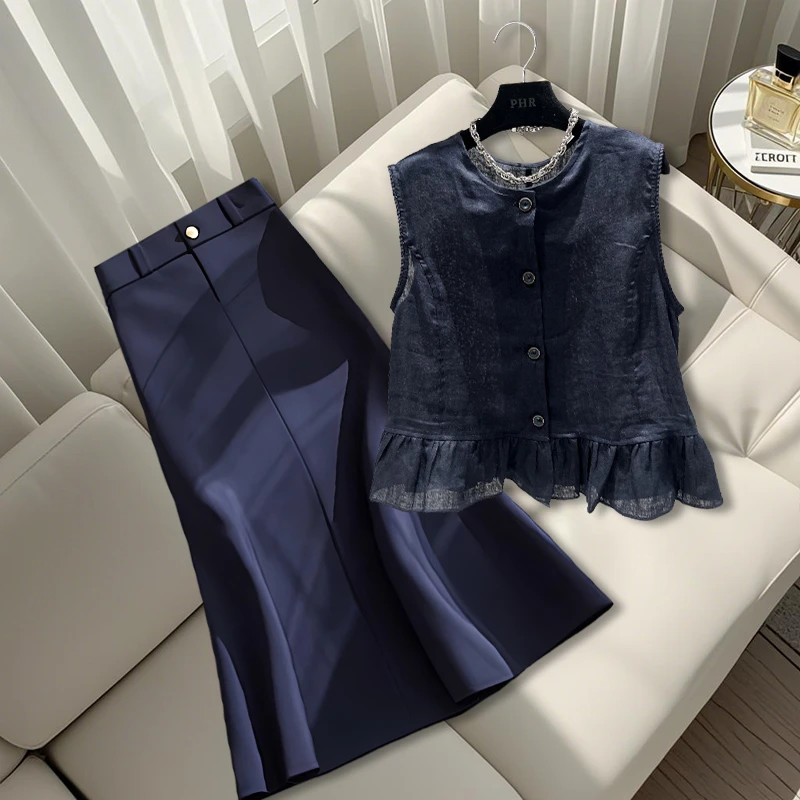 2025夏季新款穿搭一整欧货时尚百搭无袖上衣A字高腰半身裙两件套