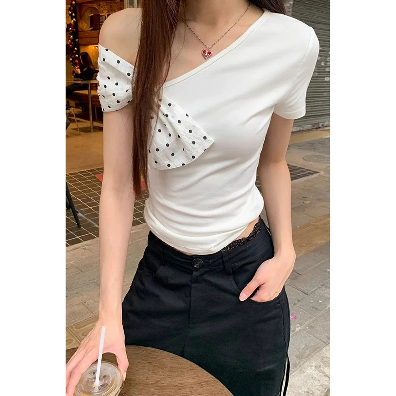【蝴蝶结露肩T】法式波点蝴蝶结拼接斜肩短袖T恤