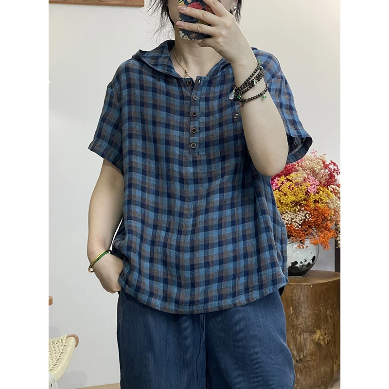 Daoi/丹丹 100%亚麻士林色织格子女士衬衫  325
