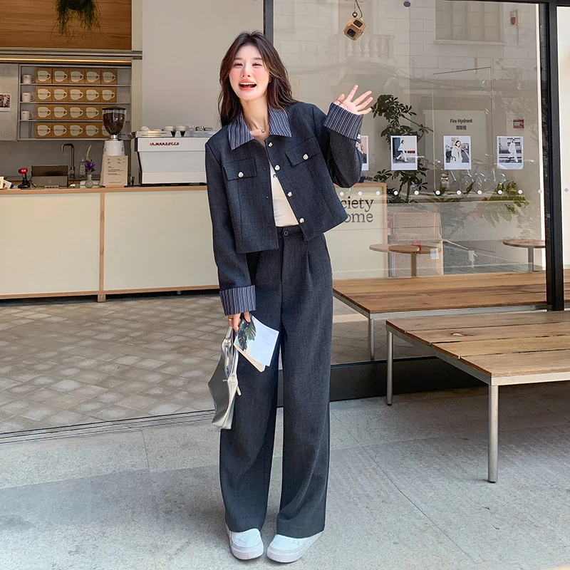 设计感条纹拼接时尚套装女秋季2025新款小香风上衣高腰长裤两件套