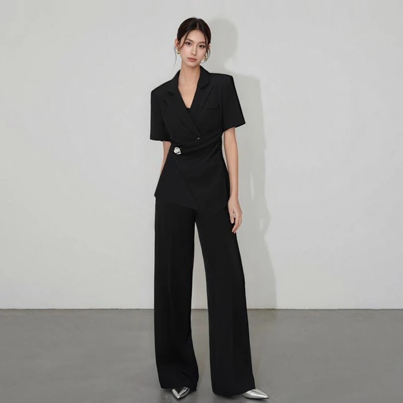 2025年夏季新款西装阔腿裤两件套女高级感休闲时尚套装