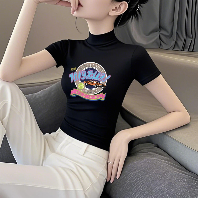 2025夏季新款半高领莫代尔印花短袖t恤女夏季新款韩版修身上衣潮