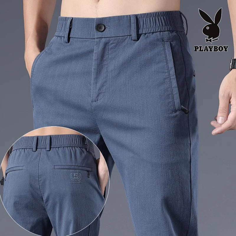 花花公子休闲裤男士松紧腰2025年夏季薄款修身弹力牛仔运动长裤子