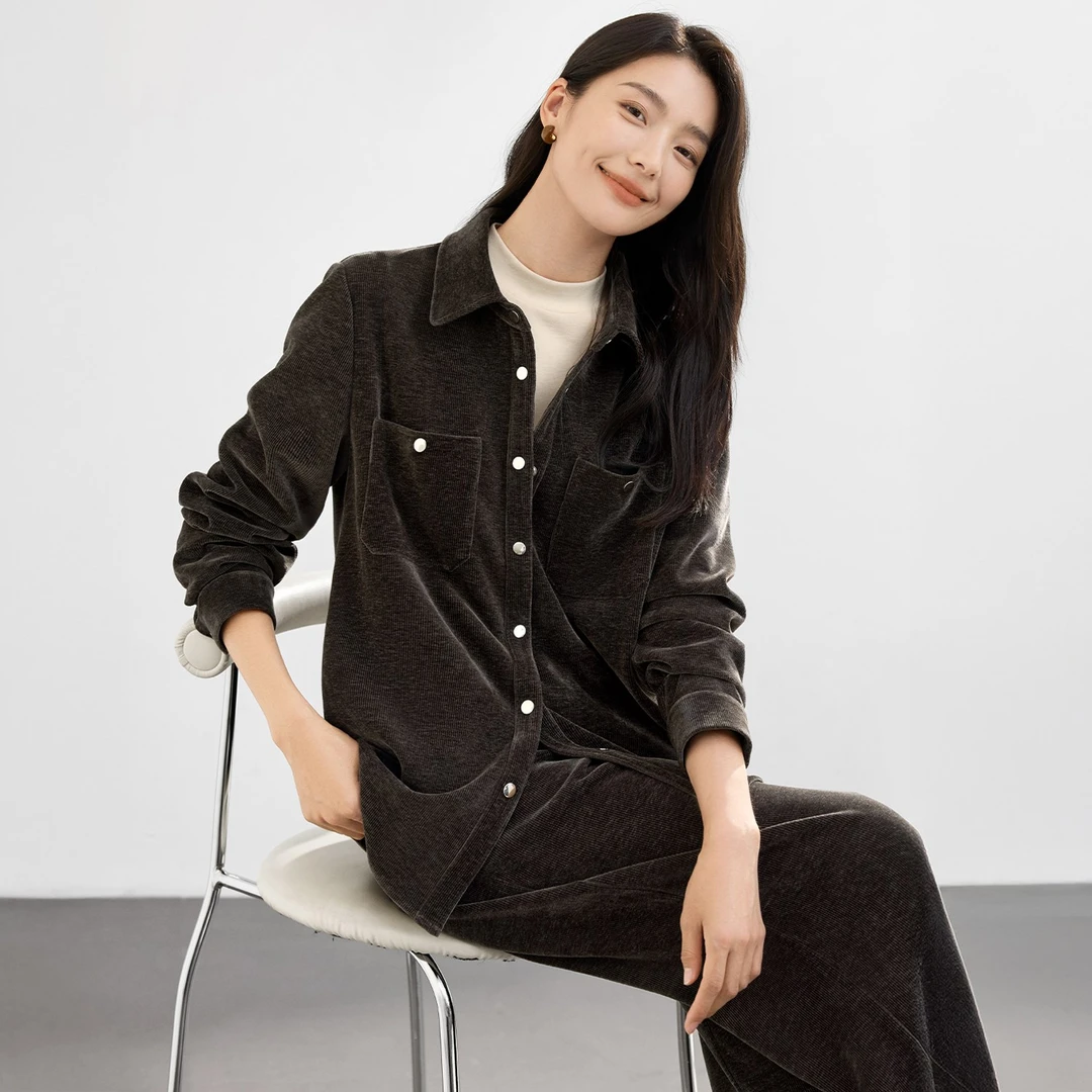 IHIMI/海谧【复古条绒口袋衬衫】浓郁氛围感叠穿百搭绒感衬衫4585
