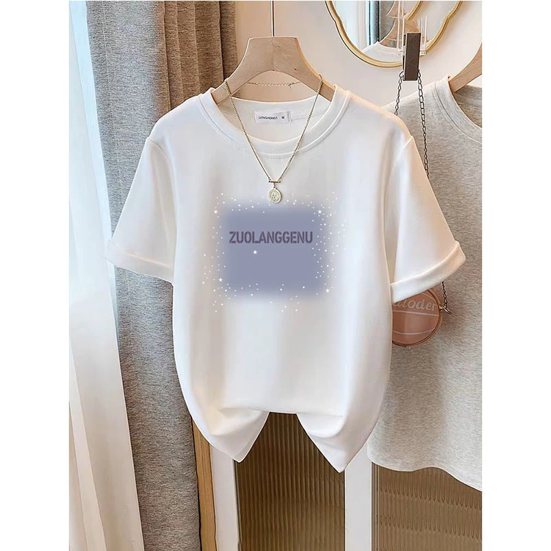 设计感小众正肩磨毛圆领短袖t恤女夏时尚百搭洋气白色打底衫上衣