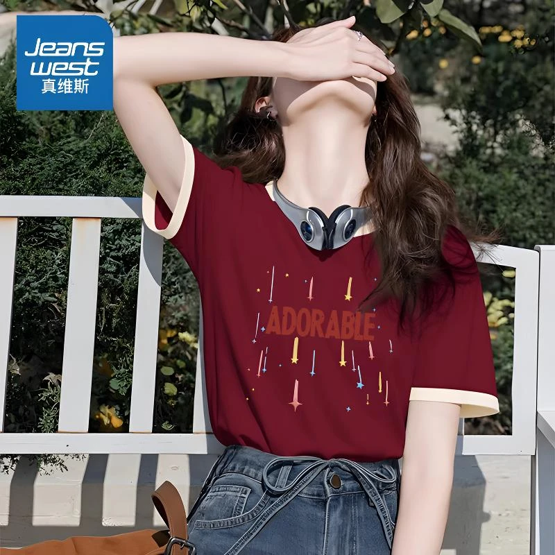 真维斯正肩短袖t恤女夏季2025新款撞色纯棉半袖风上衣多巴胺穿搭