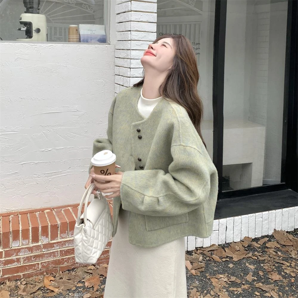 小香风绿色双面呢羊毛外套女秋冬气质高级感韩系爆款短款呢子大衣