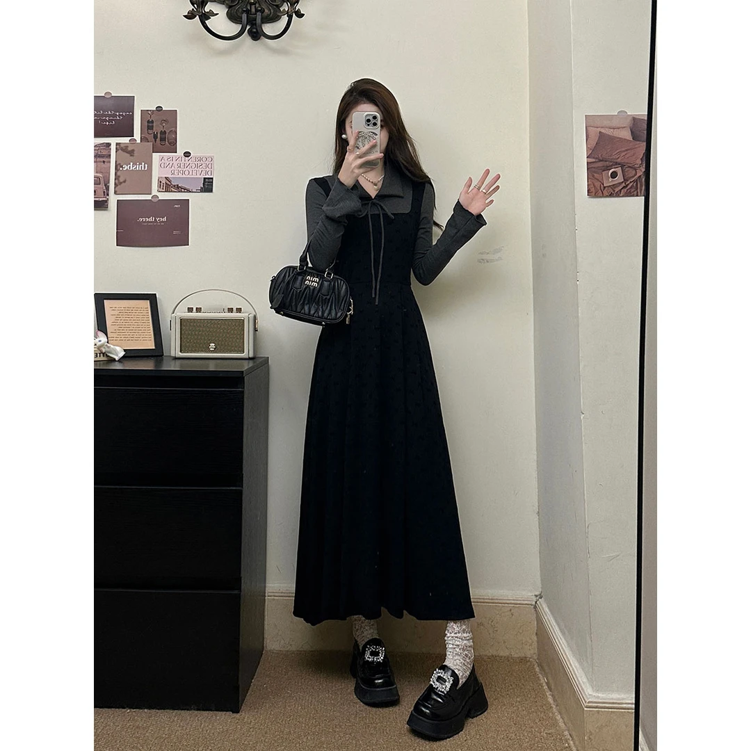 【小曹大码】假两件内搭针织连衣裙女新款赫本风显瘦长裙-LK3121