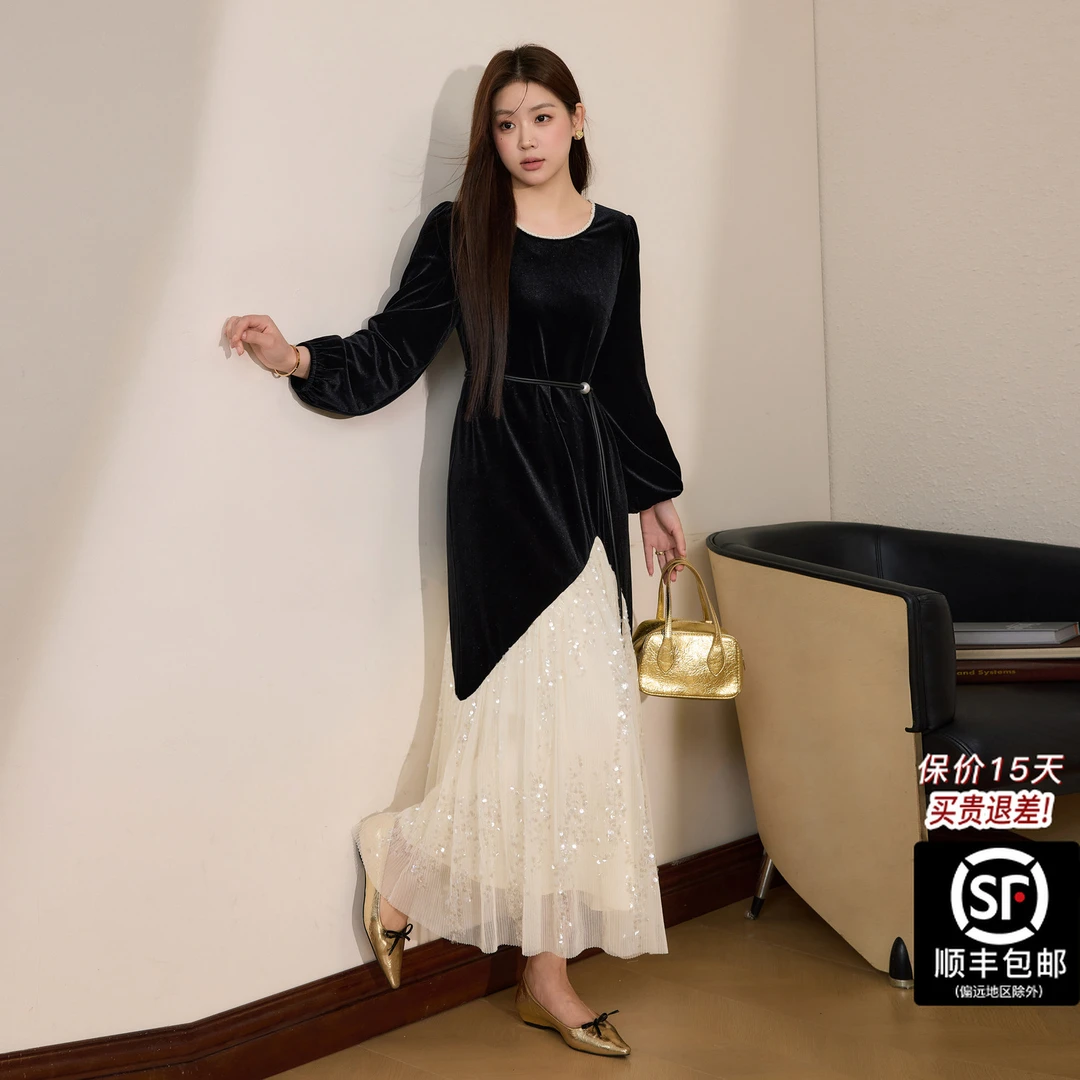 蓝语大码胖mm设计感拼接黑色丝绒连衣裙2025秋冬收腰显瘦网纱长裙