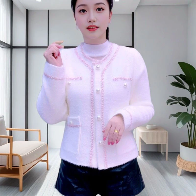 韩系chic金珠水貂绒毛衣女2024秋冬新款气质温柔软糯保暖外套上衣