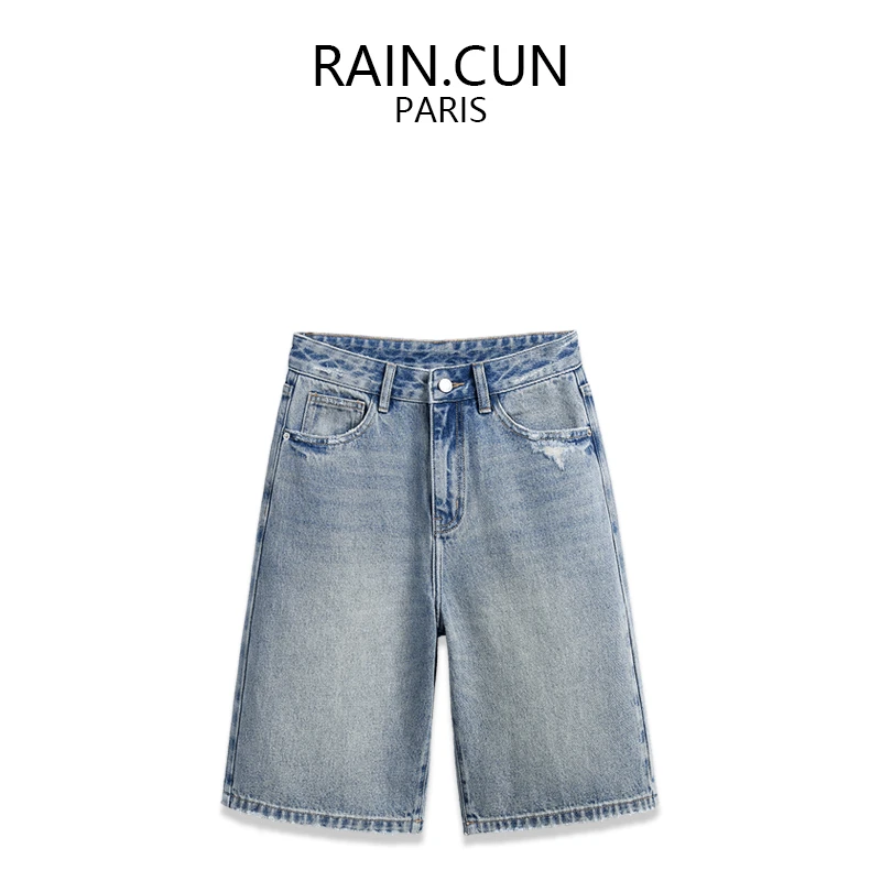 RAIN.CUN高腰夏季复古显瘦休闲五分直筒水洗宽松牛仔短裤女11442