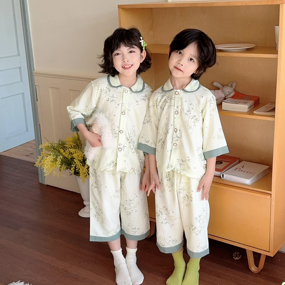 7A抗菌儿童夏季睡衣套装男童女童卡通时光棉家居服睡衣裤两件套