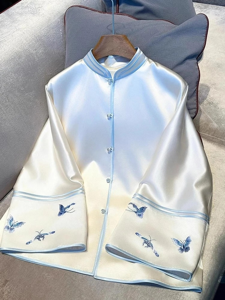 新中式高端国风白色显瘦蝴蝶印花外套女2025早春改良唐装宽松上衣